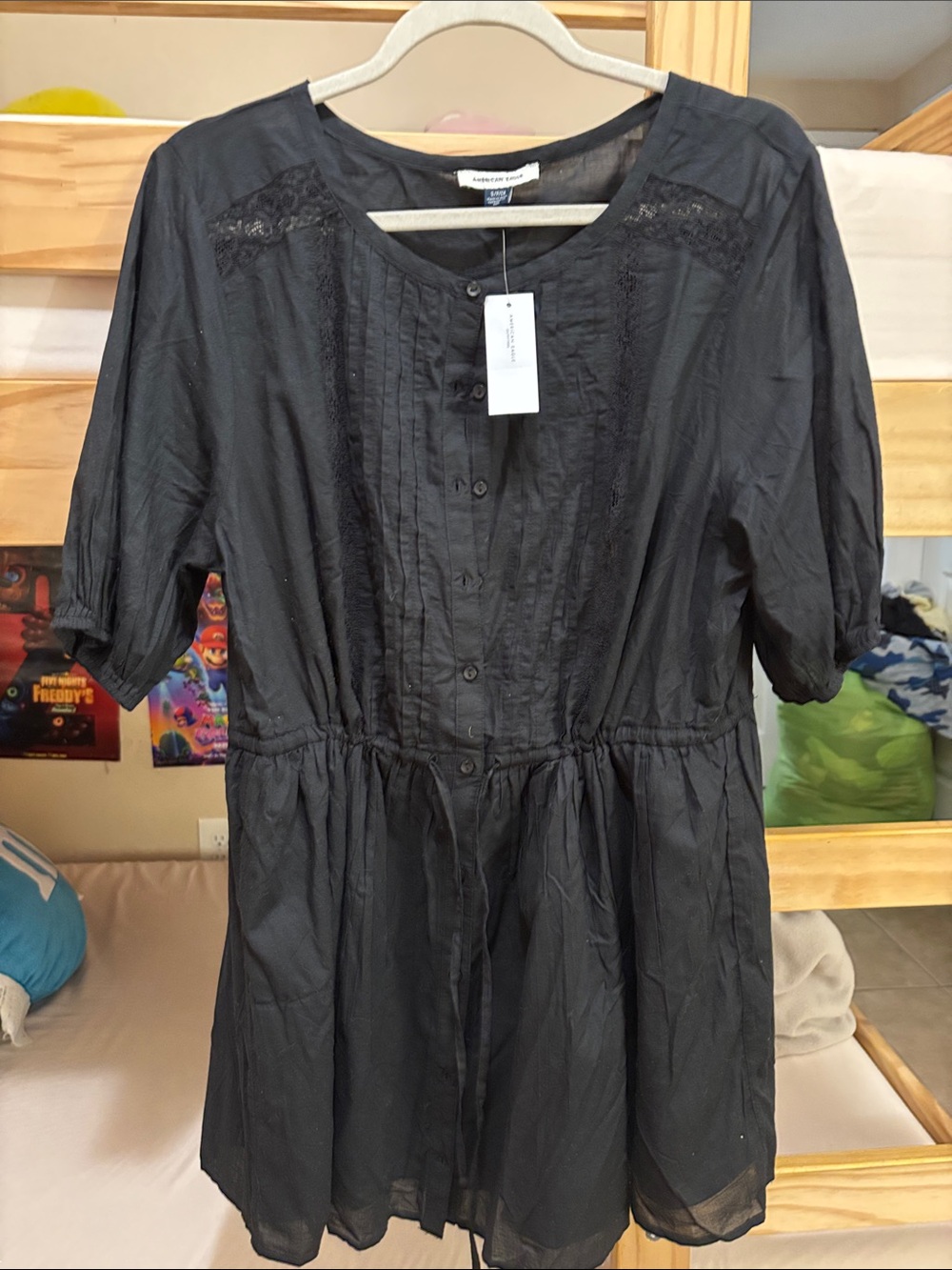 American Eagle Outfitters Black Button-Front Pintuck Tunic Dress